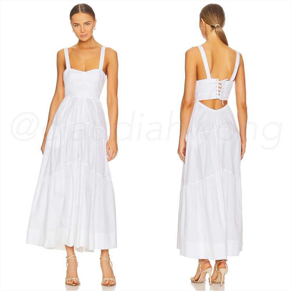 ALC Lilly Lace-Up Tiered Midi Dress in White